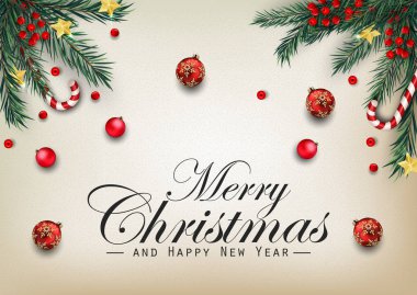 Köknar ağacı dalları ve toplarıyla Noel arkaplanının vektör çizimi