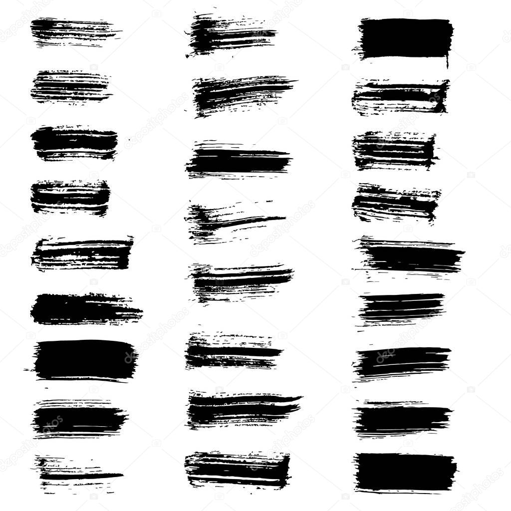 Set of vector black paint brush spots. Big set of watercolor strokes isolated on white background. Grunge texture, artistic design elements or text box.