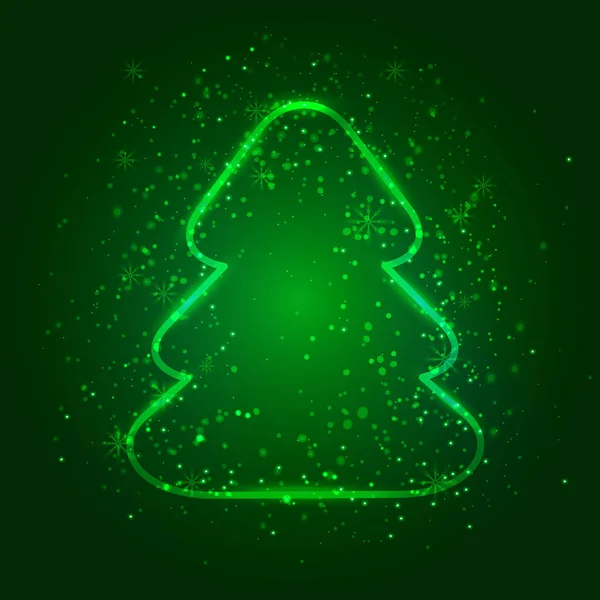 Flash Light ile koyu yeşil renkli parlak Noel ağacına. Vektör çizim Noel ve yeni yıl tebrik veya davetiye kartı, afiş veya el ilanı. — Stok Vektör