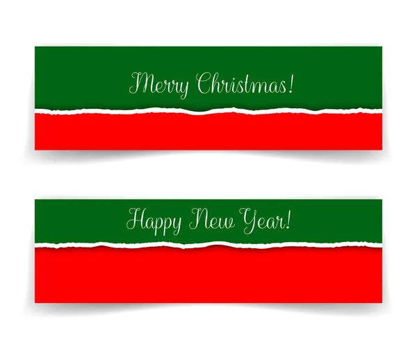 Selamat Natal dan Selamat Tahun Baru banner dalam gaya grunge dengan realistis robek kertas perbatasan. Ilustrasi vektor untuk kartu ucapan, undangan, tajuk web atau iklan - Stok Vektor