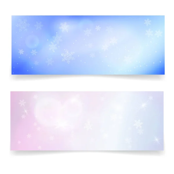 Banderas nevadas de invierno con copos de nieve y efectos de luces. Ilustración vectorial para tarjetas de felicitación, invitaciones, encabezados web o publicidad de Feliz Año Nuevo — Vector de stock
