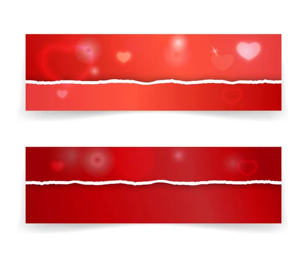 Plantilla de banner de San Valentín con bordes de papel rasgados realistas, corazones y efectos de luces. Ilustración vectorial para encabezados web o publicidad, cupón, ticket o tarjeta de descuento — Vector de stock