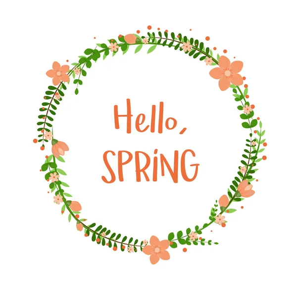 Olá moldura floral primavera com flores isoladas no fundo branco. Modelo de vetor para cartão de saudação, convite, cartaz, banner, voucher, papel de parede, panfleto, brochura, desconto de cupom . — Vetor de Stock
