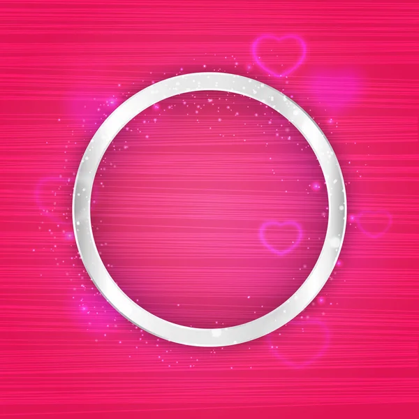 Marco vectorial redondo plateado con efecto de luces y corazones sobre fondo rosa claro brillante. Brillante estandarte con estrellas y brillo. Plantilla vectorial — Vector de stock