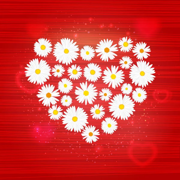 Corazón floral vectorial con efecto de luces sobre fondo rojo brillante. Brillante estandarte con estrellas y brillo. Plantilla vectorial — Vector de stock