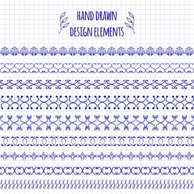 Dizi doodle çizilmiş öğeleri ve kesintisiz kenarlıklar. Çiçek ve yaprakları ile stil illüstrasyon kroki. Rustik dekoratif çizgi kenarlıklar, aşiret dekoratif öğeler. Okuduğunuzda, scrapbooking