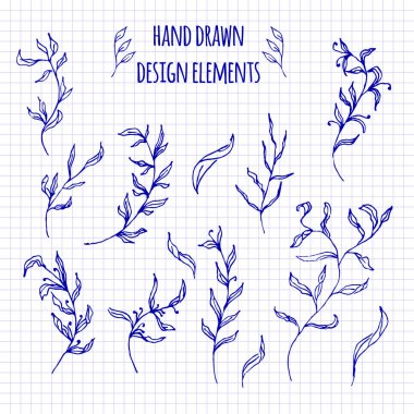 Dizi doodle çizilmiş öğeleri ve kesintisiz kenarlıklar. Çiçek ve yaprakları ile stil illüstrasyon kroki. Rustik dekoratif çizgi kenarlıklar, aşiret dekoratif öğeler. Okuduğunuzda, scrapbooking