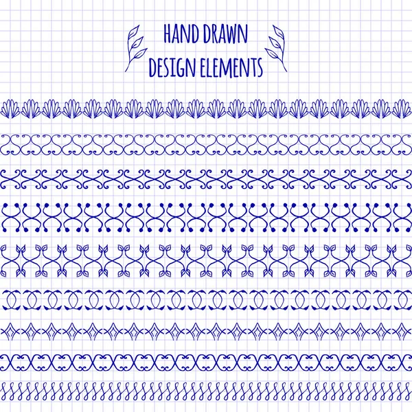 Set handgetekende doodle elementen en naadloze randen. Schets stijl illustratie met bloemen en bladeren. Rustieke Decoratieve randstijlen, tribal decoratieve elementen. Voor patronen, scrapbooking — Stockvector