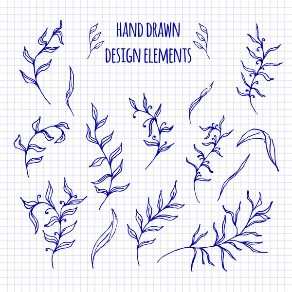 Set handgetekende doodle elementen en naadloze randen. Schets stijl illustratie met bloemen en bladeren. Rustieke Decoratieve randstijlen, tribal decoratieve elementen. Voor patronen, scrapbooking — Stockvector