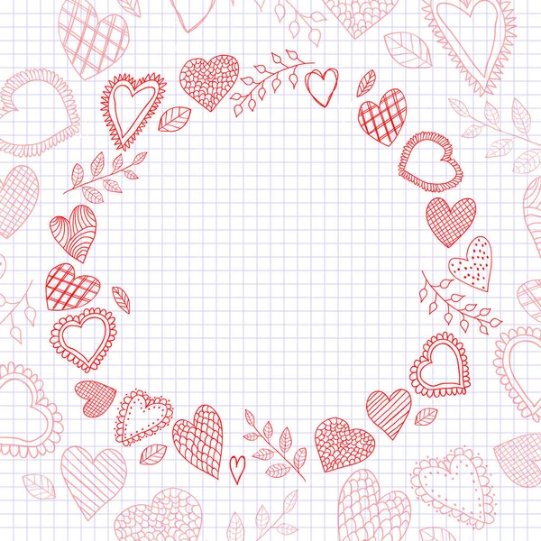 Doodle corações moldura na folha de caderno quadriculado. Feliz cartão de Dia dos Namorados. Ilustração vetorial . — Vetor de Stock