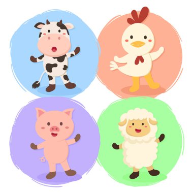 Şirin çiftlik hayvanı ayarla inek, tavuk, koyun ve domuz