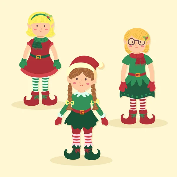Natal Elfos Menina Personagem Set Cartoon Vector — Vetor de Stock