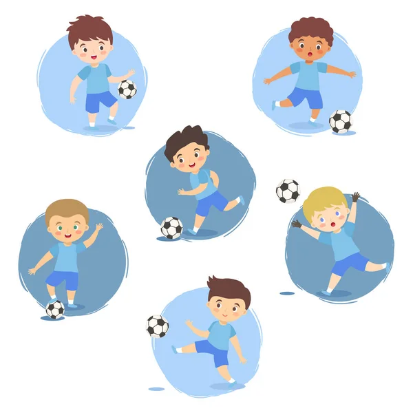Zestaw piłki nożnej chłopców zespołu niebieskim mundurze — Wektor stockowy