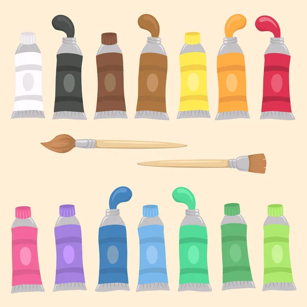 Tubes de peinture Set et Brosse Illustration vectorielle Dessin animé — Image vectorielle