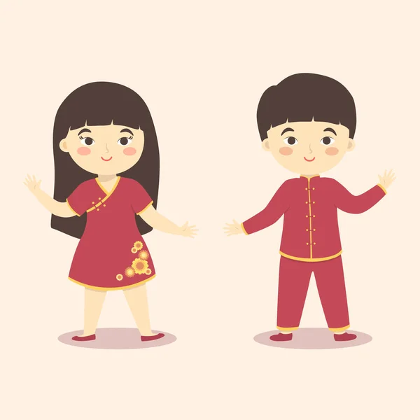 Cute Chinese Kids Boy Girl Costume Chinese New Year Cartoon Vector Illustration — Stock Vector