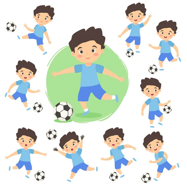 Conjunto de Menino Jogando Futebol Futebol Cartoon Vector —  Vetores de Stock