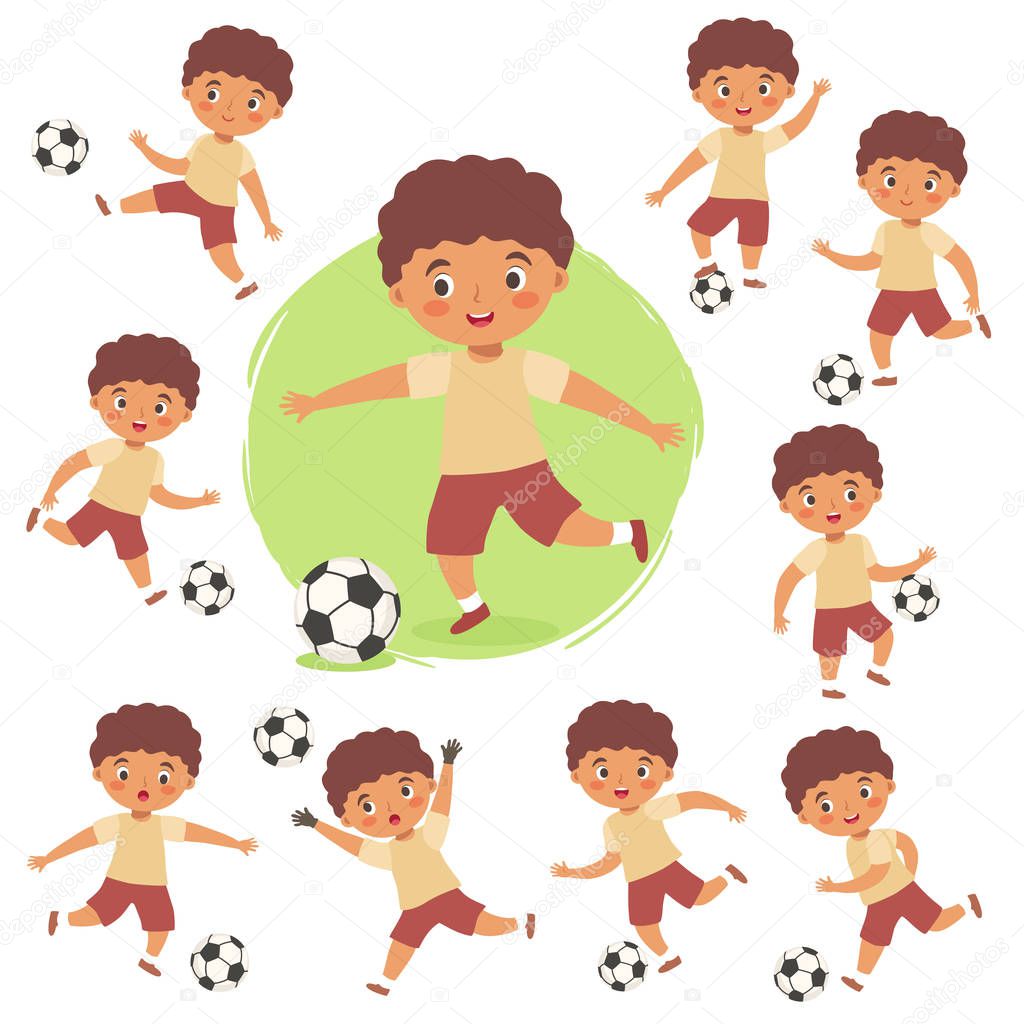 Set of Boy Playing Football Soccer Cartoon Vector