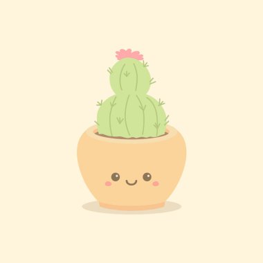 Şirin kaktüs etli çiçek gülümseme komik surat tencerede karikatür vektör