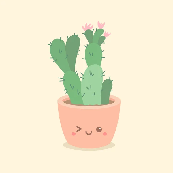 Lindo cactus suculenta flor en sonrisa divertido cara pot dibujos animados vector — Vector de stock