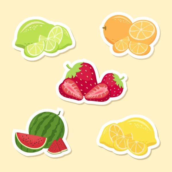 Früchte Set Aufkleber Vektor, Wassermelone, Erdbeere, Orange, Zitrone, Limette — Stockvektor