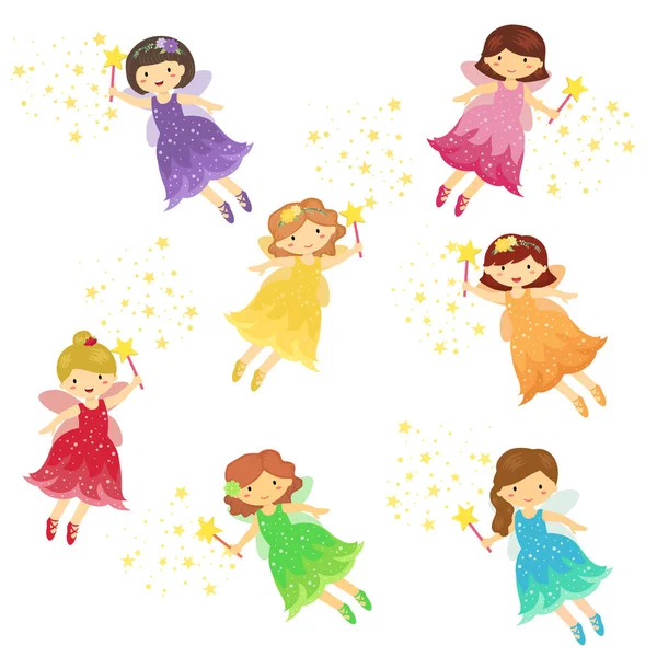 Schattig Fairy Fairies meisje Cartoon instellen vectorillustratie — Stockvector