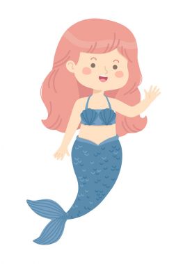 Beyaz arka plan üzerinde izole şirin deniz kızı kız Prenses mavi vektör illüstrasyon karikatür karakter tasarımı.