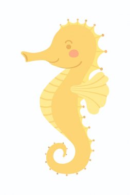 Beyaz arka plan üzerinde izole sevimli gülümseyen sarı Seahorse deniz hayvan vektör çizim karikatür karakter tasarımı,.