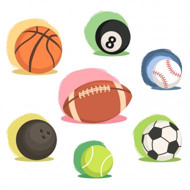 Spor top rugby Tenis futbol Bilardo basketbol beysbol simge vektör illüstrasyon izole renkli ve beyaz arka plan üzerinde Bovling ayarla.