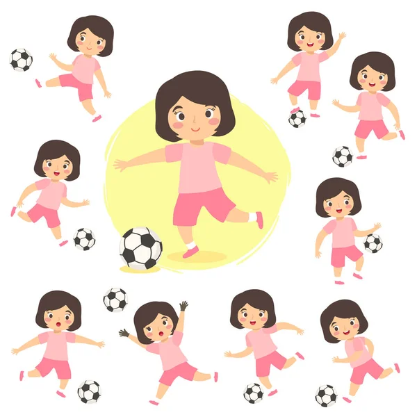 Menina Jogando Futebol Futebol Esporte Definir Estilo Ação Diferente Vector —  Vetores de Stock