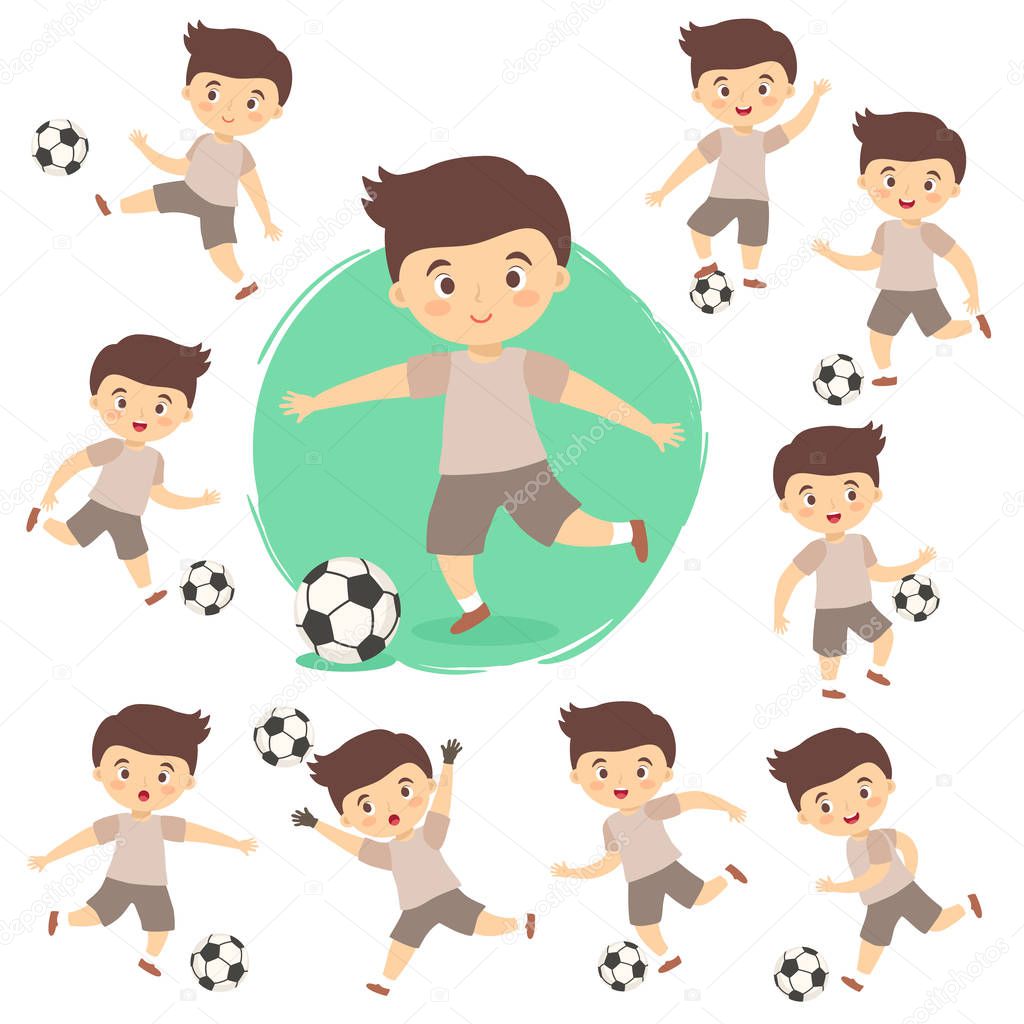 Set of Boy Playing Football. Vector illustration of kids playing soccer in different action style isolated on green white background.