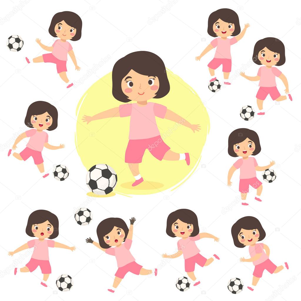 Girl Playing Football Soccer Sport Set in different action style Vector Illustration Kids