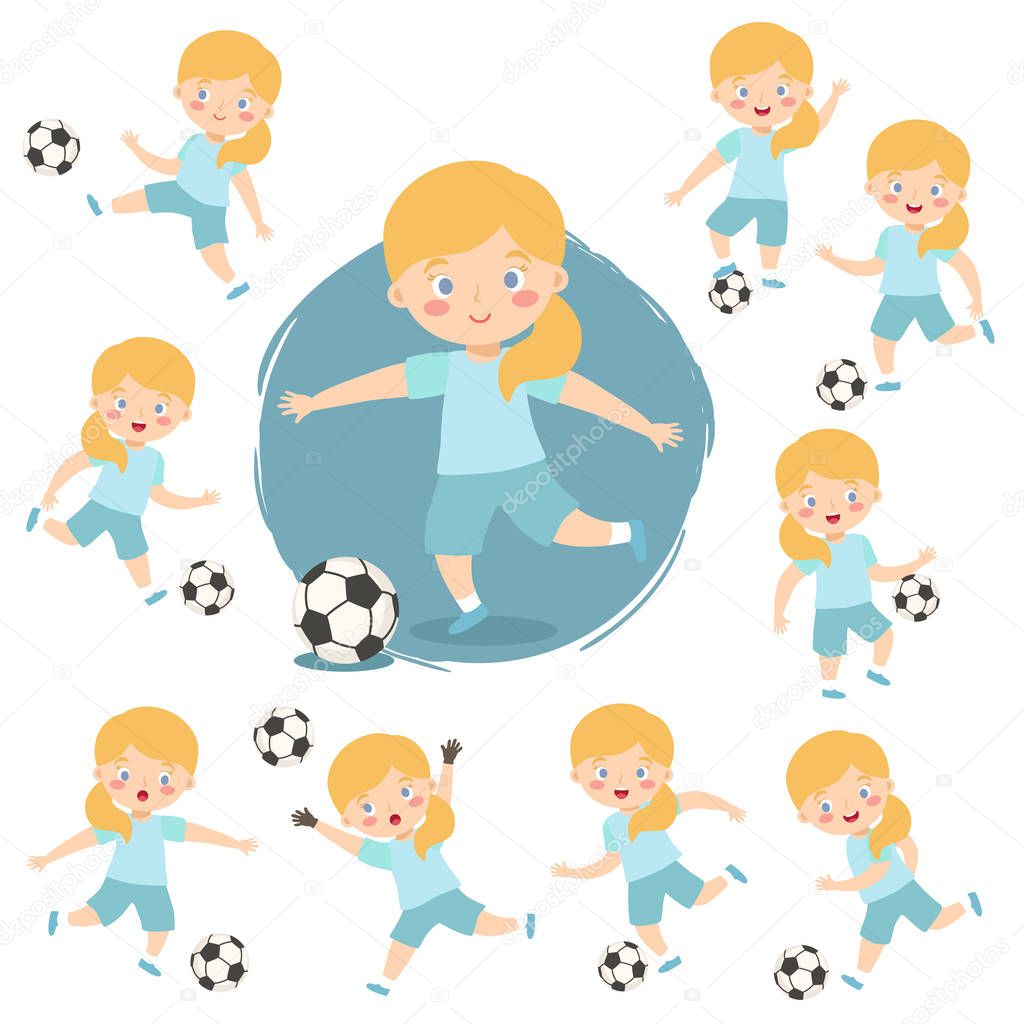 Girl Playing Football Soccer Sport Set in different action style Vector Illustration Kids