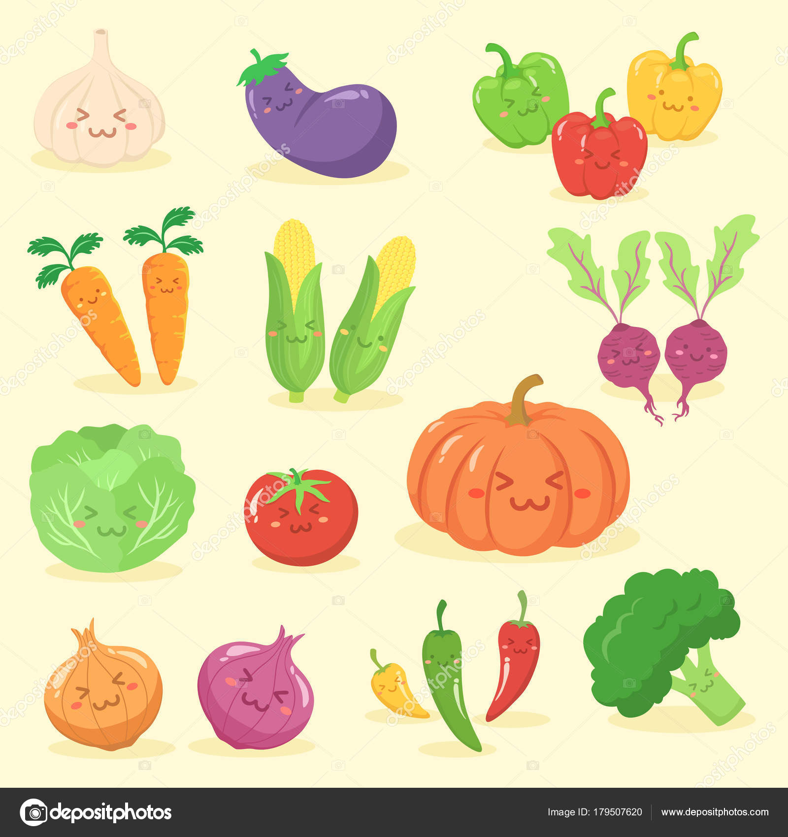 Vegetables Set Cute Face Cartoon Character Vector Illustration Garlic  Eggplant Stock Vector Image by ©anitnov #179507620