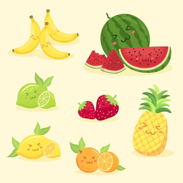 Summer Fruits Set Cute Face Cartoon Character Vector Illustration Watermelon — Stock Vector