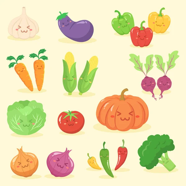 Légumes Mis Mignon Visage Cartoon Personnage Vectoriel Illustration Ail Aubergine — Image vectorielle