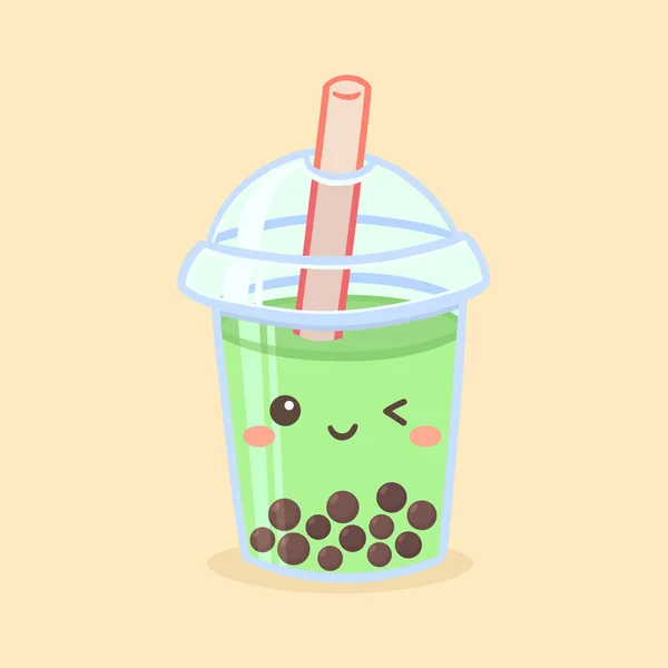 Cute Boba Bubble Teh Hijau Minum Plastic Glass Illustration Kartun - Stok Vektor