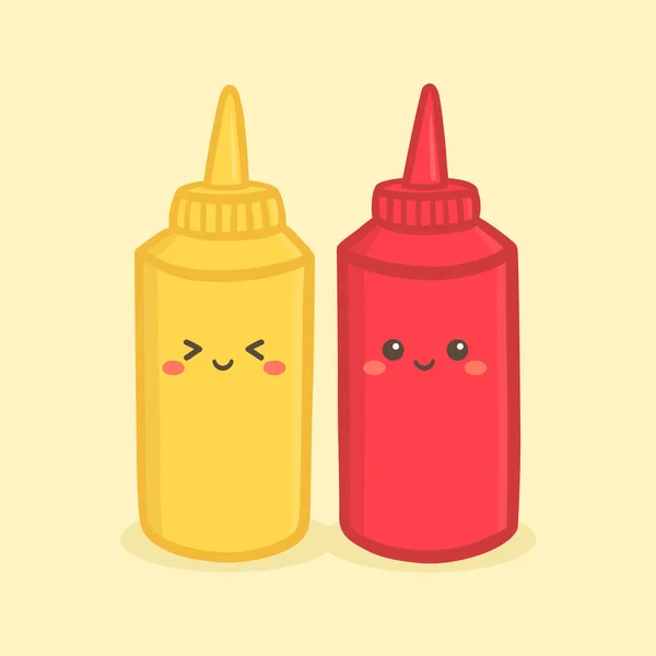 Mignon Moutarde Tomate Ketchup Bouteille Vectoriel Illustration Personnage Bande Dessinée — Image vectorielle