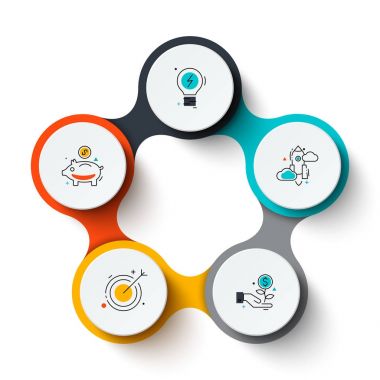 İş veri görselleştirme. Döngü diyagramı 5 adımlar, Seçenekler veya işlemler ile soyut unsurları. Vektör iş tanıtımı için şablon. Creative Infographic kavram. İşlem grafiği.