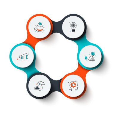 İş veri görselleştirme. Döngü diyagramı 6 adımları, Seçenekler veya işlemler ile soyut unsurları. Vektör iş tanıtımı için şablon. Creative Infographic kavram. İşlem grafiği.