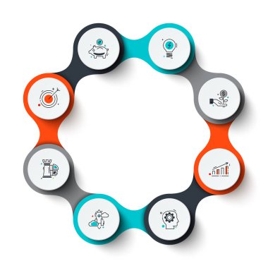İş veri görselleştirme. Döngü diyagramı 8 adımlar, Seçenekler veya işlemler ile soyut unsurları. Vektör iş tanıtımı için şablon. Creative Infographic kavram. İşlem grafiği.