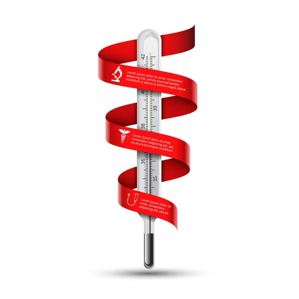 Termómetro vectorial con cinta roja para infografías. Concepto de atención médica con 3 opciones, partes, pasos o procesos . — Vector de stock
