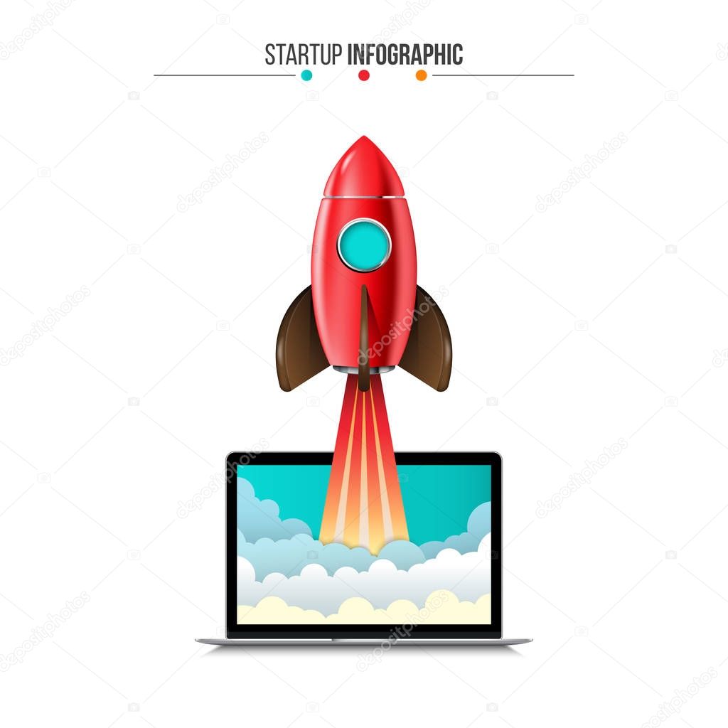 Vector rocket flying from laptop. Startup infographic. Can be used for workflow layout, presentation or web design.