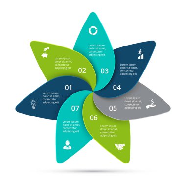 Vektör döngüsü Infographic. Diyagramı, grafik, sunum ve yuvarlak grafik şablonu. 7 seçenekleri, parçalar, adımları veya işlemleri ile iş kavramı. Veri görselleştirme.