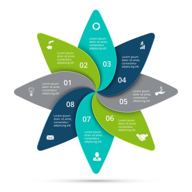 Vektör döngüsü Infographic. Diyagramı, grafik, sunum ve yuvarlak grafik şablonu. 8 seçenekleri, parçalar, adımları veya işlemler ile iş kavramı. Veri görselleştirme.