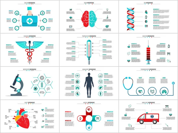 Vektor Gehirn, DNA, Caduceus, Notfall-Auto und andere Elemente für die Infografik. Medizinkonzept mit 4, 5 und 6 Optionen, Teilen, Schritten oder Prozessen. — Stockvektor