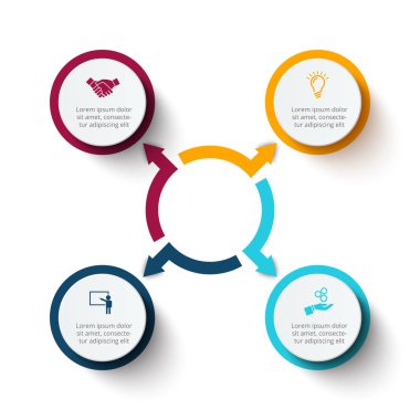 Infographic için oklarla vektör daire öğeleri. Döngü diyagramı, grafik, sunum ve yuvarlak grafik şablonu. 4 seçenekleri, parçalar, adımları veya işlemler ile iş kavramı. Arka plan.