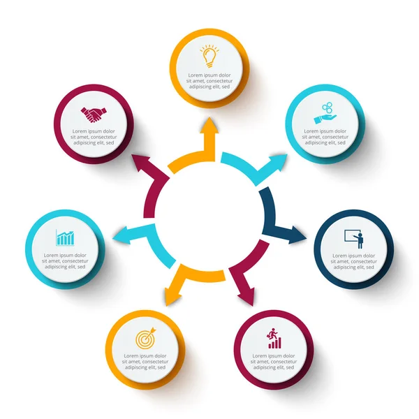 Elementos de círculo vectorial con flechas para infografía. Plantilla para diagrama de ciclo, gráfico, presentación y gráfico redondo. Concepto de negocio con 7 opciones, partes, pasos o procesos. Fondo abstracto . — Archivo Imágenes Vectoriales