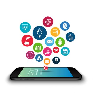 Vektör smartphone aygıt app simgeleri ile. Sosyal ağ. Mobil iş kabarcık konuşma şablon stili.