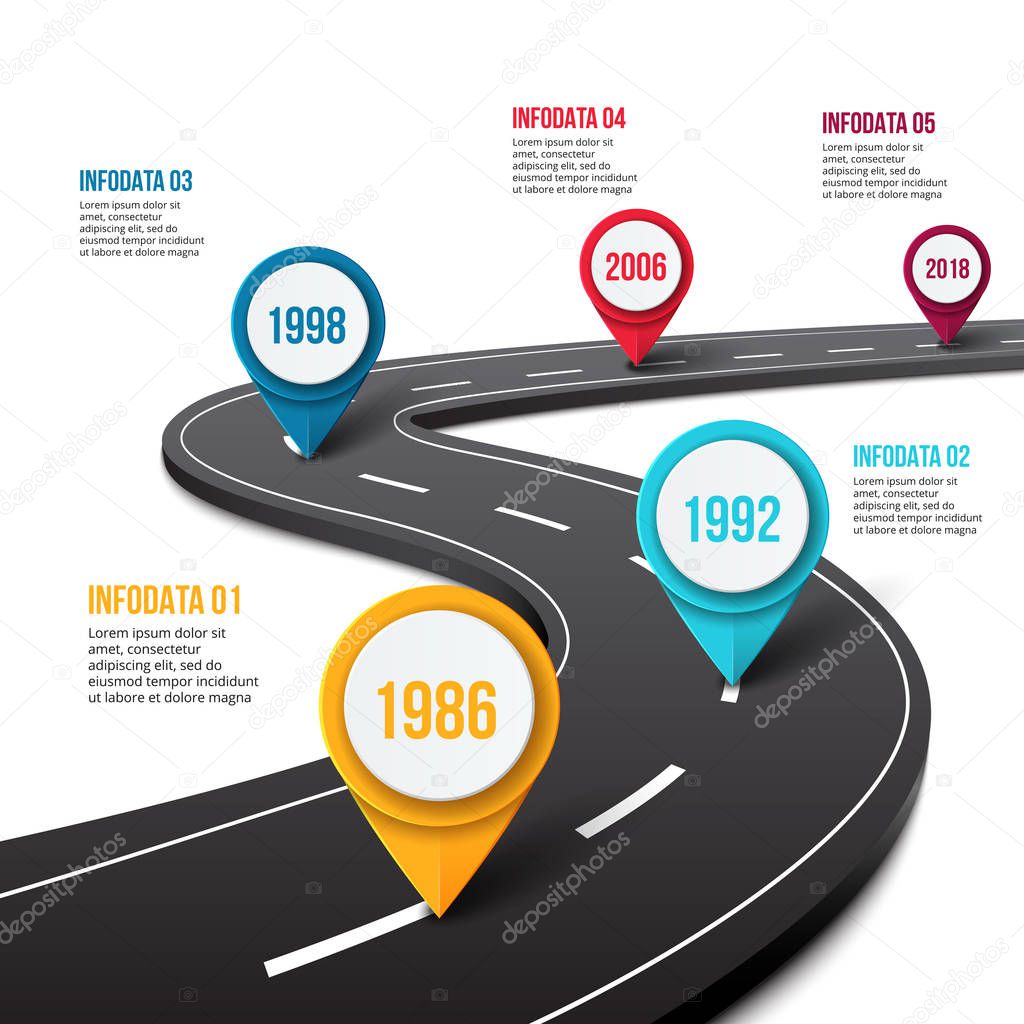 Vector road infographic with pin pointer. Timeline template with 5 markers on a curved road line.