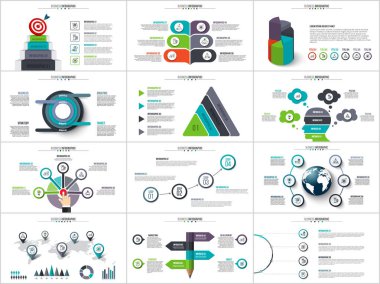 Vektör infographics, diyagram grafik, grafik sunum. 3, 4, 5, 6 ve 7 seçenekleri, parçalar, adımları süreçleri ile iş raporu. Kalem, daireler, hedef, harita ve zaman çizelgesi.